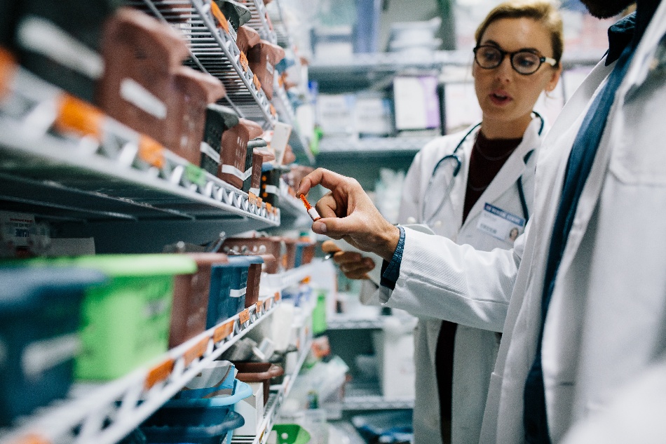 Hospital staff stock taking in pharmacy